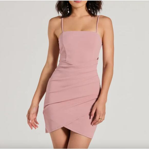 Windsor S Blush Pink Ruched Faux Wrap Square Neck Fitted Mini Cocktail Dress - Picture 1 of 8